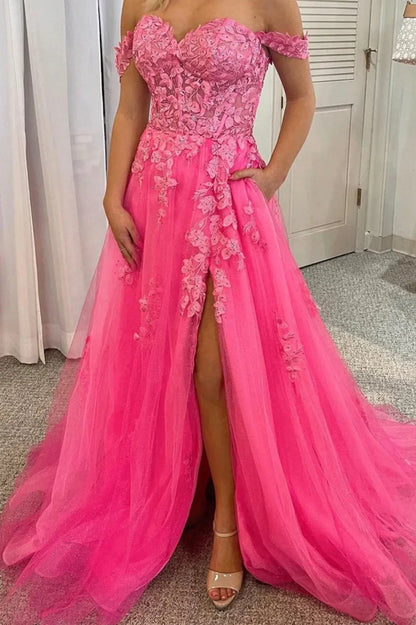 Classic A-Line Off the Shoulder Sleeveless Lace Up Sweep/Brush Train Prom Dress