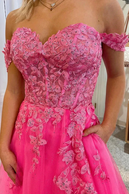 Classic A-Line Off the Shoulder Sleeveless Lace Up Sweep/Brush Train Prom Dress
