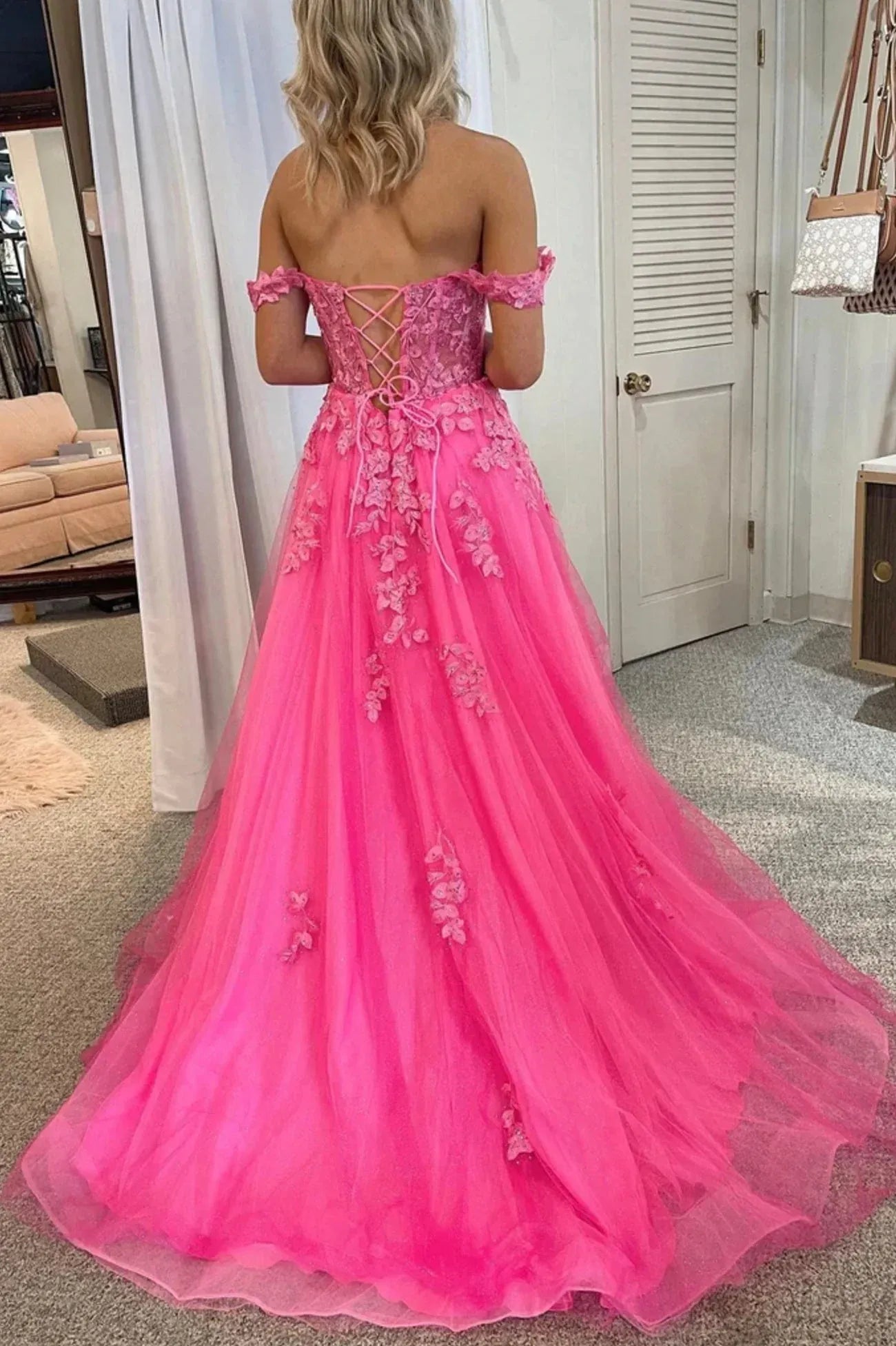 Classic A-Line Off the Shoulder Sleeveless Lace Up Sweep/Brush Train Prom Dress