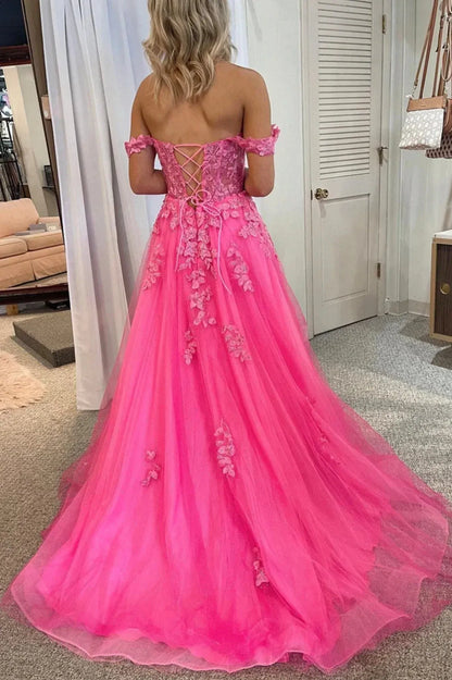 Classic A-Line Off the Shoulder Sleeveless Lace Up Sweep/Brush Train Prom Dress