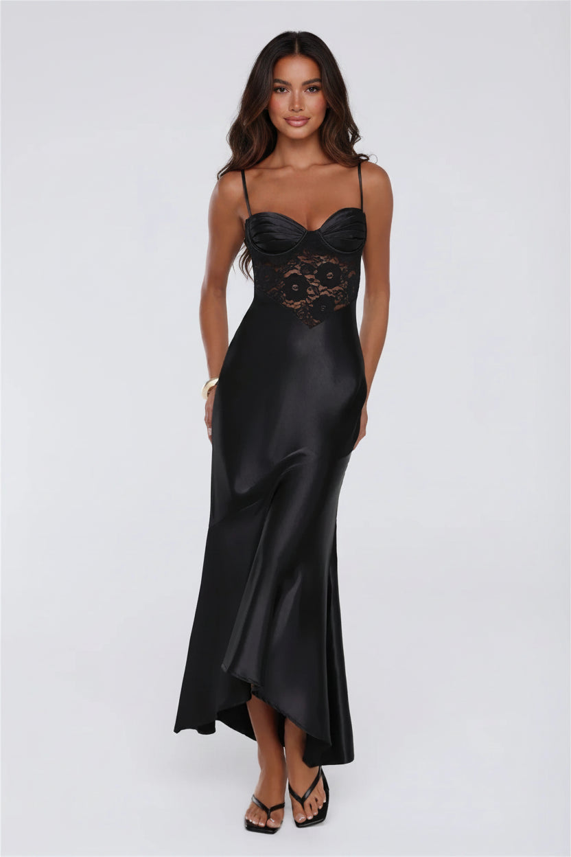 Classic Fit Sheath Sweetheart Spaghetti Straps Lace Bodice Satin Black High-Low Prom Dress