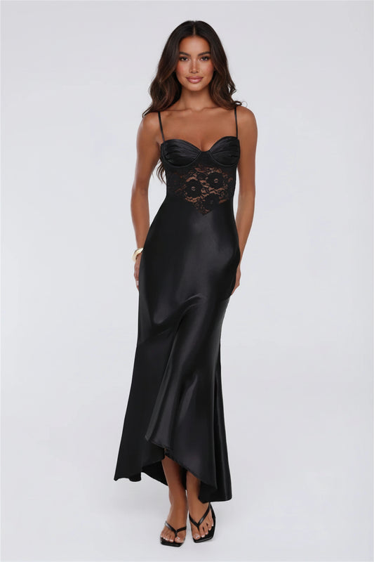 Classic Fit Sheath Sweetheart Spaghetti Straps Lace Bodice Satin Black High-Low Prom Dress