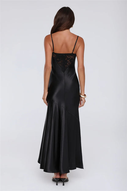 Classic Fit Sheath Sweetheart Spaghetti Straps Lace Bodice Satin Black High-Low Prom Dress