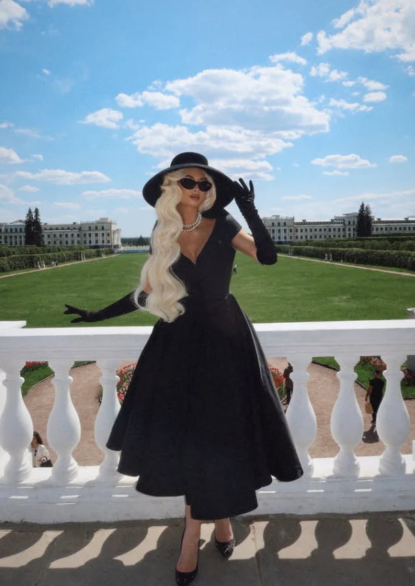 Classical A Line V Neck Cap Sleeve Satin Tea-Length Prom Dress