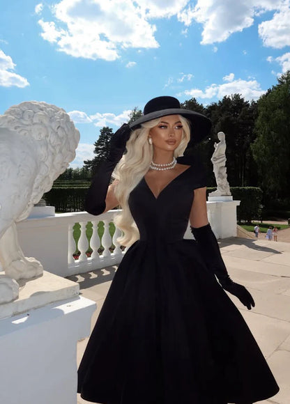 Classical A Line V Neck Cap Sleeve Satin Tea-Length Prom Dress