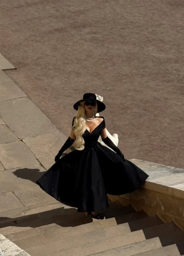 Classical A Line V Neck Cap Sleeve Satin Tea-Length Prom Dress