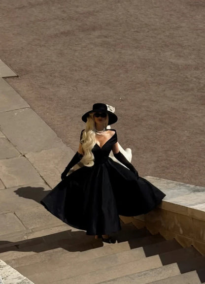 Classical A Line V Neck Cap Sleeve Satin Tea-Length Prom Dress