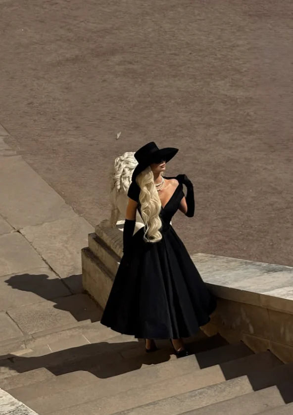 Classical A Line V Neck Cap Sleeve Satin Tea-Length Prom Dress