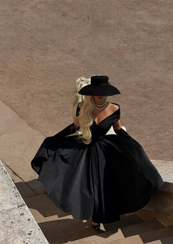 Classical A Line V Neck Cap Sleeve Satin Tea-Length Prom Dress