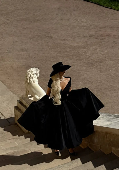 Classical A Line V Neck Cap Sleeve Satin Tea-Length Prom Dress