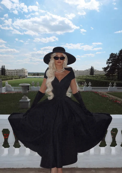 Classical A Line V Neck Cap Sleeve Satin Tea-Length Prom Dress