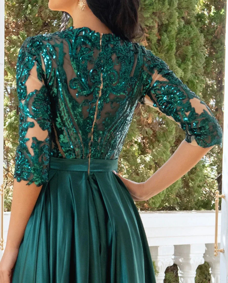 Classic fit Full of charm Lace Applique Satin 1/2 Sleeve Floor Length Prom Dresses Evening Dress