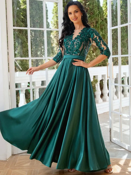Classic fit Full of charm Lace Applique Satin 1/2 Sleeve Floor Length Prom Dresses Evening Dress