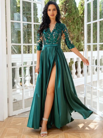 Classic fit Full of charm Lace Applique Satin 1/2 Sleeve Floor Length Prom Dresses Evening Dress