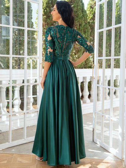 Classic fit Full of charm Lace Applique Satin 1/2 Sleeve Floor Length Prom Dresses Evening Dress