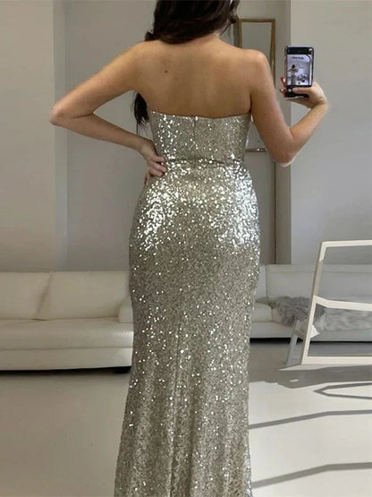Classic fit Full of charm Off-the-Shoulde Sequin Sleeveless Backless Split Fork Floor Length Evening Dress