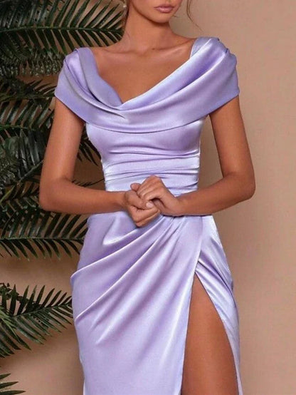 Classic fit Full of charm Split Fork Satin Cowl Neck Floor Length Evening Dress