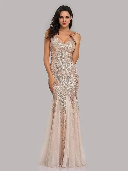 Classic fit Slim-fit Wrap The Buttocks Sequin V-Neck Tulle Sleeveless Evening Dress