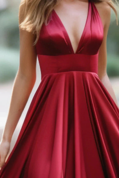 Classic fit Top-quality fabric Plunge V Satin Prom Dresses Sleeveless Evening Dress