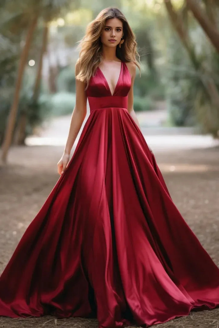 Classic fit Top-quality fabric Plunge V Satin Prom Dresses Sleeveless Evening Dress