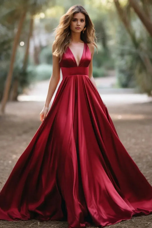 Classic fit Top-quality fabric Plunge V Satin Prom Dresses Sleeveless Evening Dress