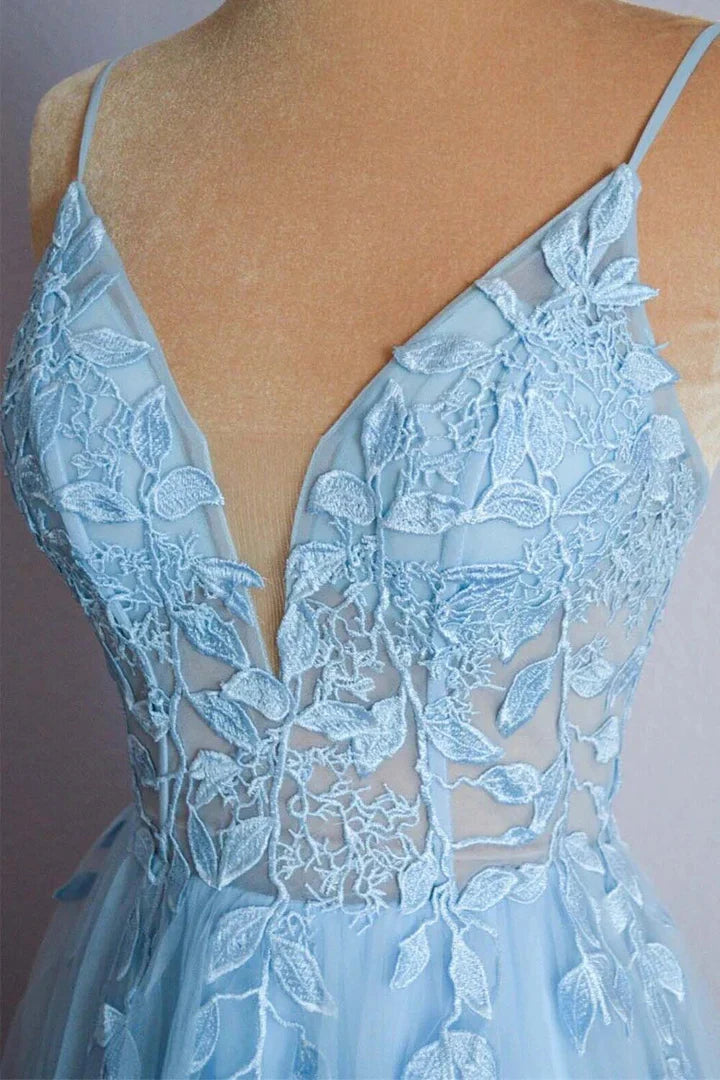 Classic fit Top-quality fabric Plunge V Spaghetti Strap Lace-Up Back Tulle Applique Prom Dresses