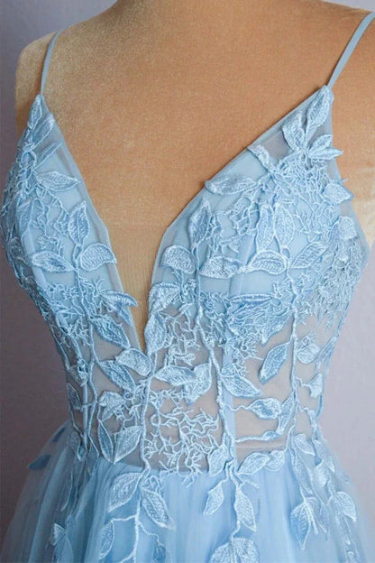 Classic fit Top-quality fabric Plunge V Spaghetti Strap Lace-Up Back Tulle Applique Prom Dresses