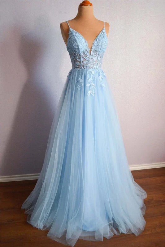 Classic fit Top-quality fabric Plunge V Spaghetti Strap Lace-Up Back Tulle Applique Prom Dresses