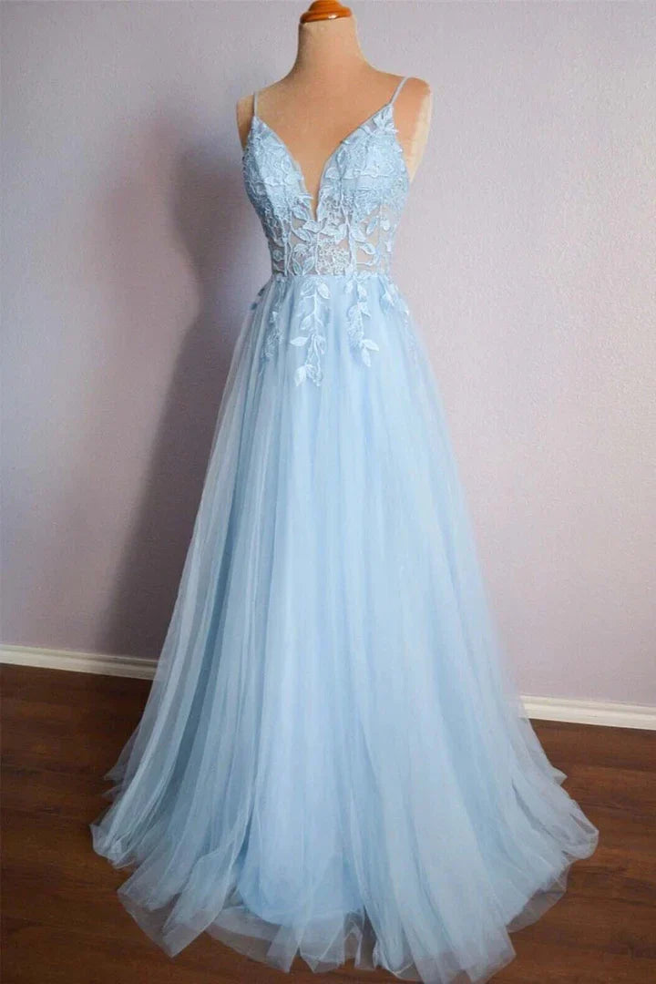 Classic fit Top-quality fabric Plunge V Spaghetti Strap Lace-Up Back Tulle Applique Prom Dresses