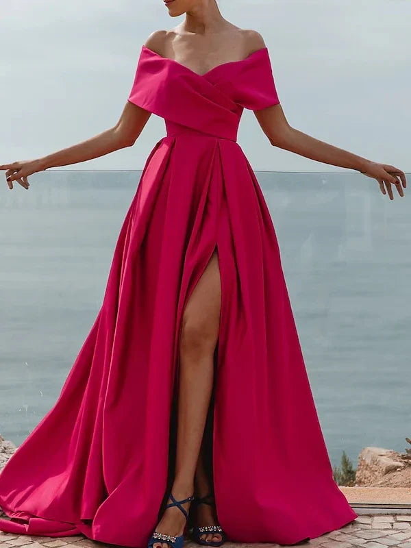 Classic fit Top-quality fabric Satin Off-the-Shoulder V-Neck Split Fork Prom Dresses Evening Dress