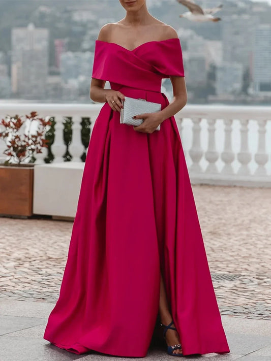 Classic fit Top-quality fabric Satin Off-the-Shoulder V-Neck Split Fork Prom Dresses Evening Dress