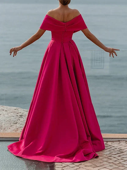 Classic fit Top-quality fabric Satin Off-the-Shoulder V-Neck Split Fork Prom Dresses Evening Dress