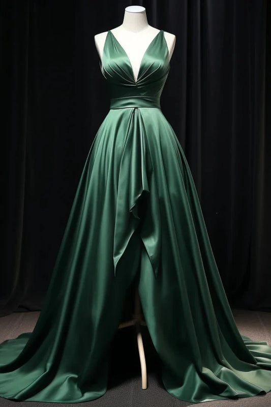 Classic fit Top-quality fabric Satin Plunge V Pleats Split Fork Mopping The Floor Prom Dresses