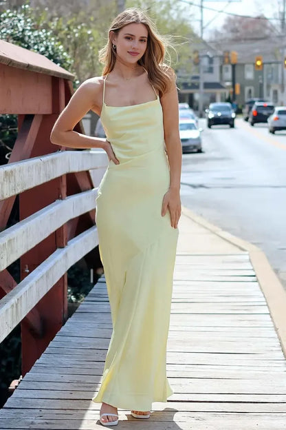 Classic fit Top-quality fabric Satin Spaghetti Strap Lace-Up Back Sleeveless Prom Dresses Evening Dress