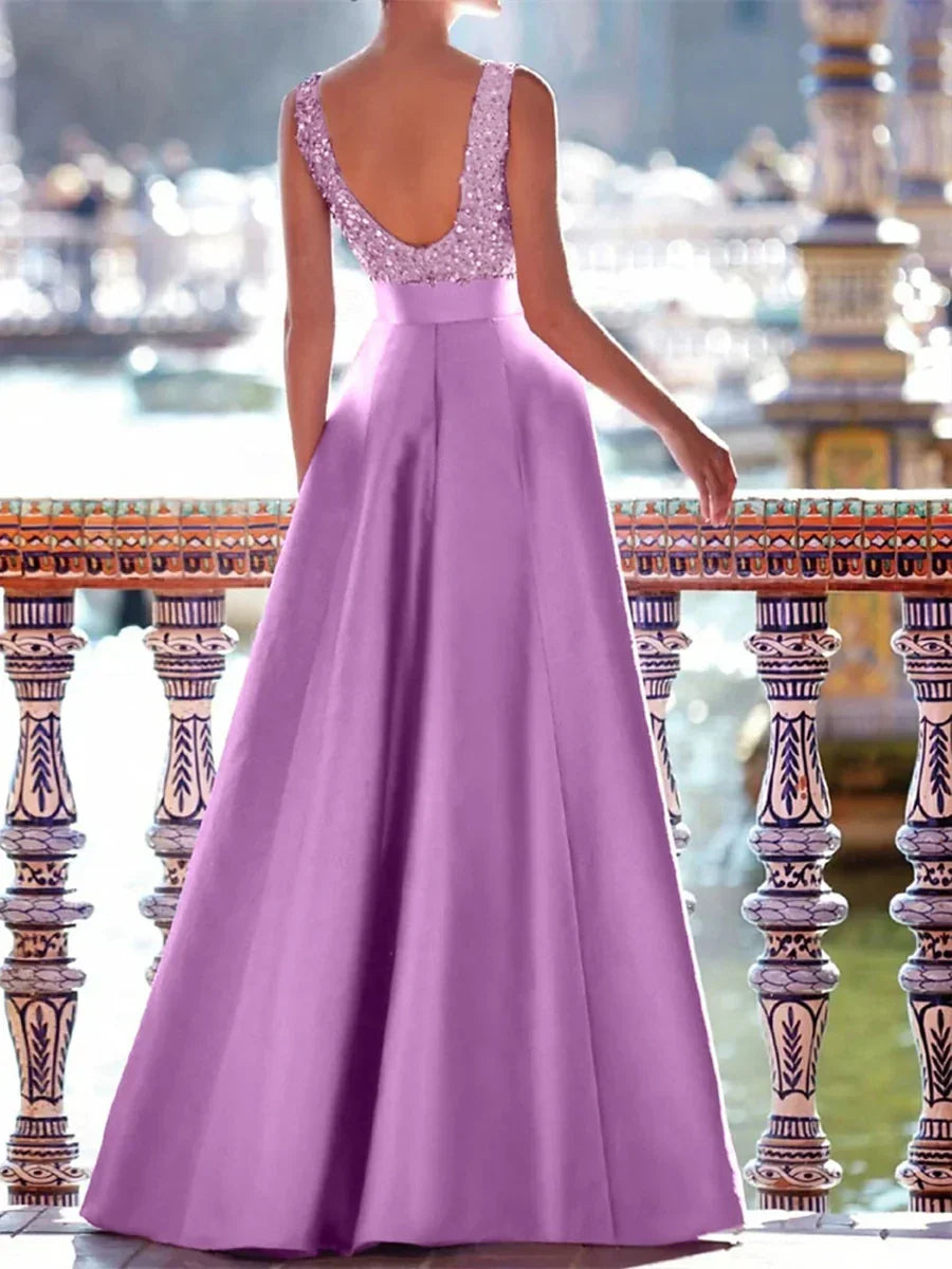 Classic fit Top-quality fabric Sequin Satin V-Neck Sleeveless Backless Evening Dress
