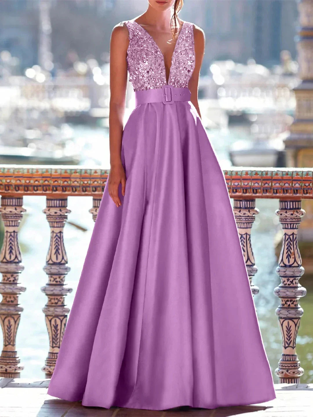 Classic fit Top-quality fabric Sequin Satin V-Neck Sleeveless Backless Evening Dress