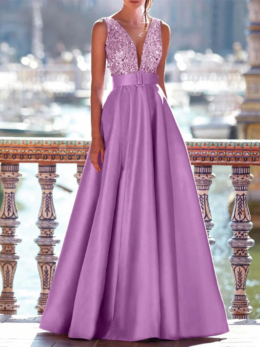 Classic fit Top-quality fabric Sequin Satin V-Neck Sleeveless Backless Evening Dress