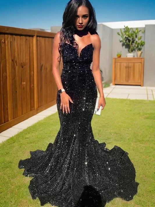 Classic fit Top-quality fabric Sequin Sleeveless V-Neck Mopping The Floor Evening Dress