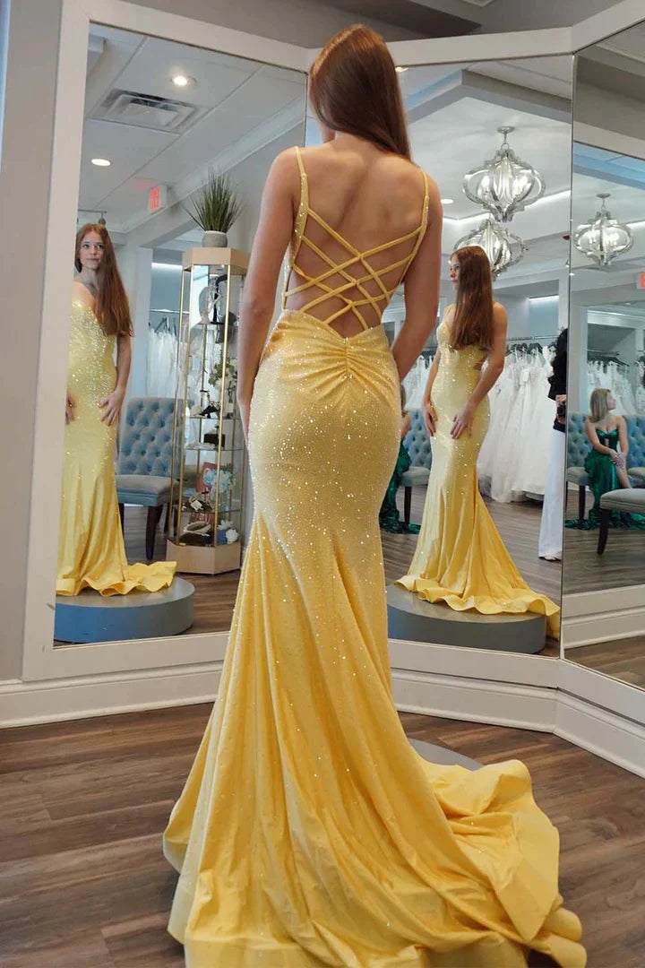 Classic fit Top-quality fabric V-Neck Floor Length Spaghetti Strap Lace-Up Back With Attached Train Sequin Prom Dresses