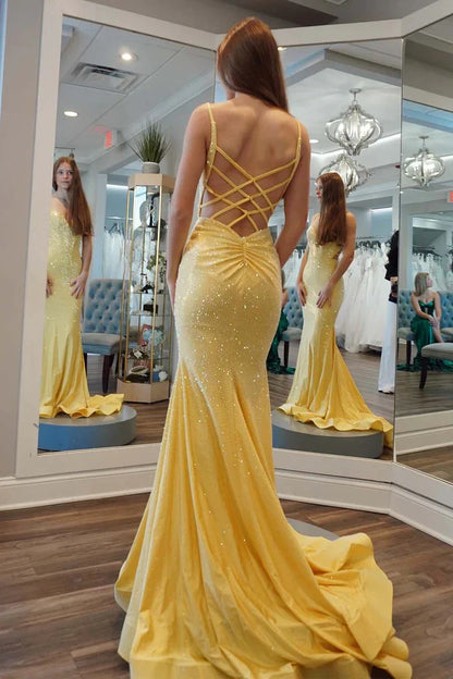 Classic fit Top-quality fabric V-Neck Floor Length Spaghetti Strap Lace-Up Back With Attached Train Sequin Prom Dresses