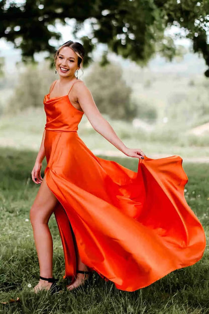 Classy A-Line Cowl Neck Sleeveless Satin Slit Floor-Length Prom Dress