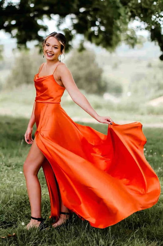 Classy A-Line Cowl Neck Sleeveless Satin Slit Floor-Length Prom Dress