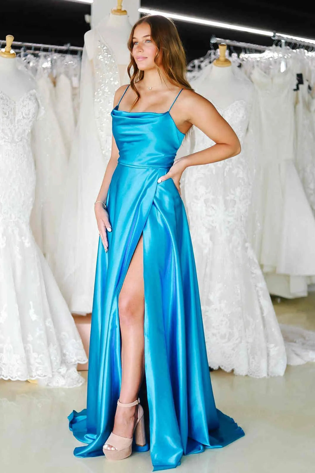 Classy A-Line Cowl Neck Sleeveless Satin Slit Floor-Length Prom Dress