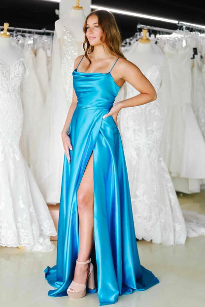 Classy A-Line Cowl Neck Sleeveless Satin Slit Floor-Length Prom Dress