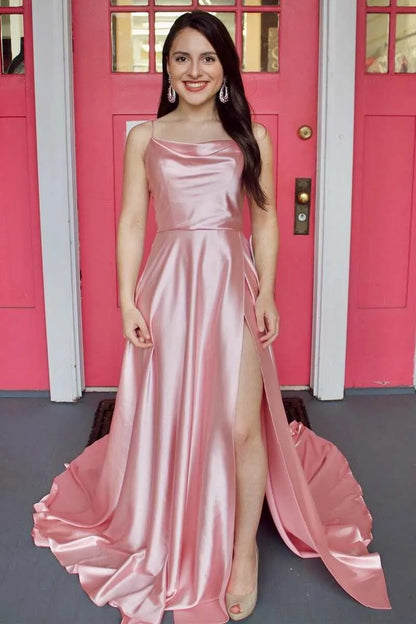 Classy A-Line Cowl Neck Sleeveless Satin Slit Floor-Length Prom Dress