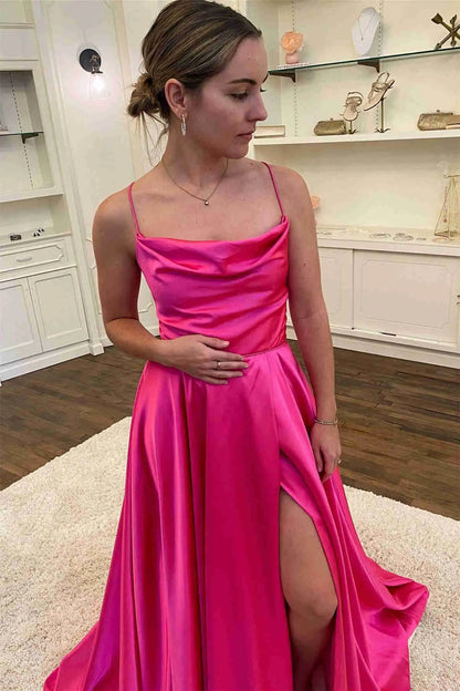 Classy A-Line Cowl Neck Sleeveless Satin Slit Floor-Length Prom Dress