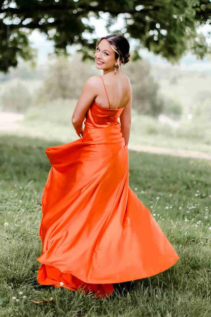 Classy A-Line Cowl Neck Sleeveless Satin Slit Floor-Length Prom Dress