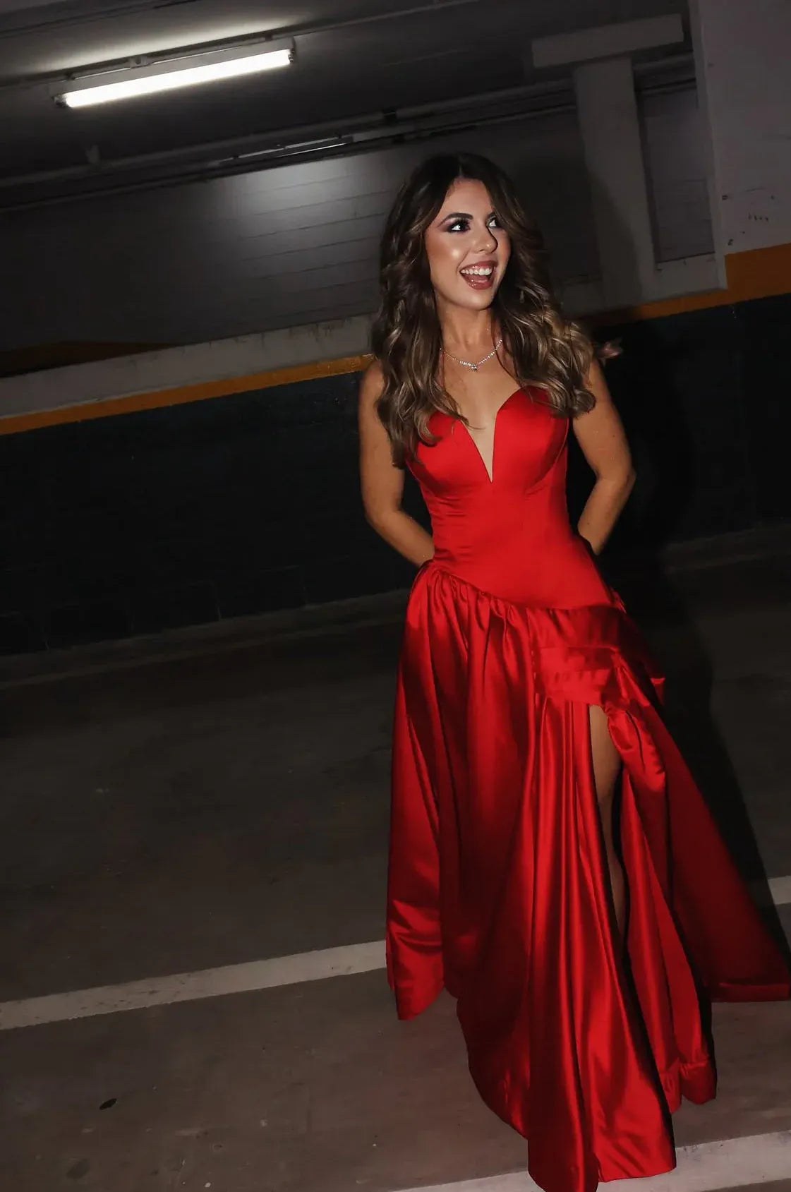Classy A-Line Off Sleeves Sleeveless Split Satin Floor-Length Prom Dress