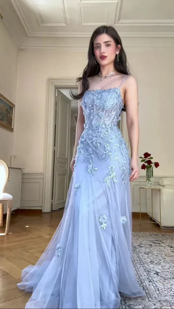 Classy A-Line Square Neck Sleeveless Lace Up Floor Length Prom Dresses