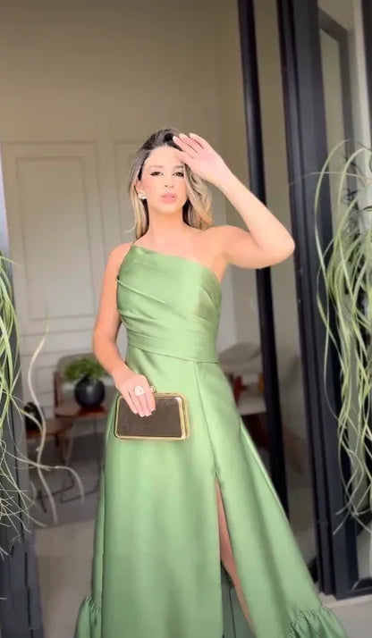 Classy A-line One Shoulder Sleeveless Ruched Satin Floor-Length Prom Dress